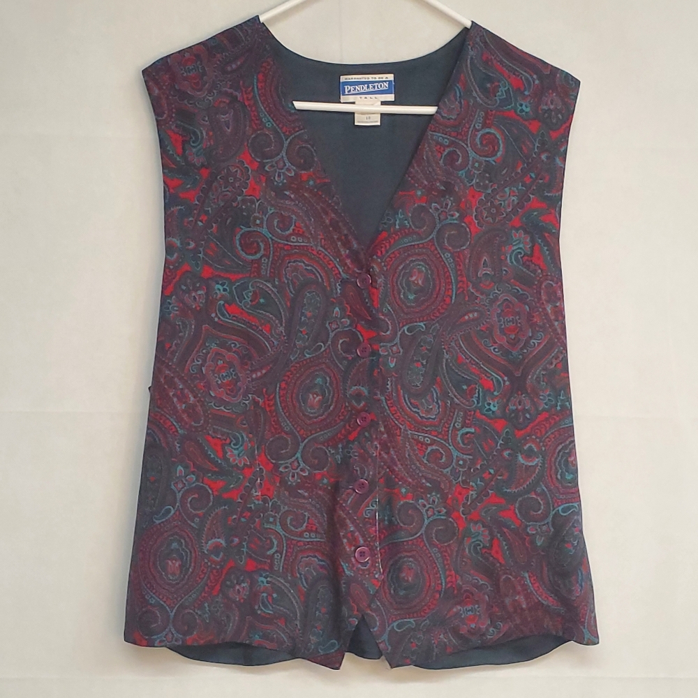 Vtg Pendleton Classic Vest Women Sz 18 Paisley Button Up Red Green *READ*